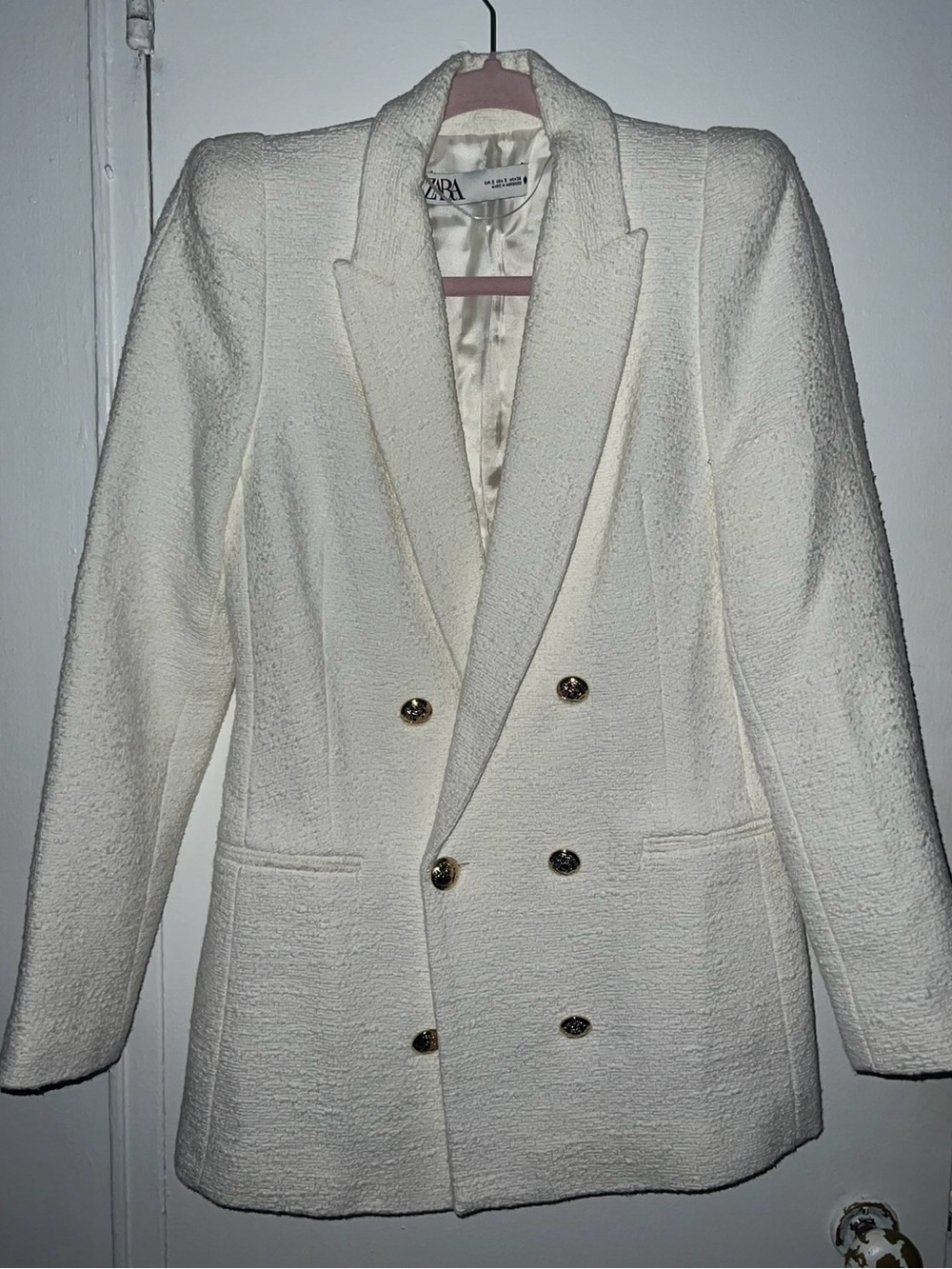 Zara Cream Double-Breasted Bouclé Blazer with Gold Buttons